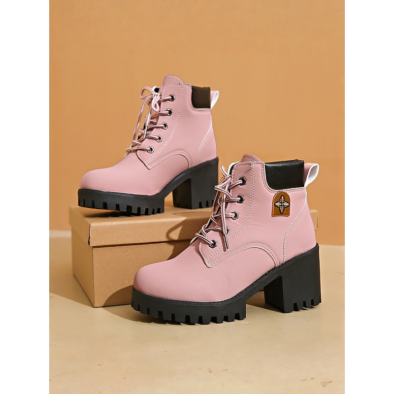 Women's Pink Lace-Up Ankle Boots with Chunky Heels and Lug Soles -Trendy Urban Fashion Footwear for Street Style Outfits3