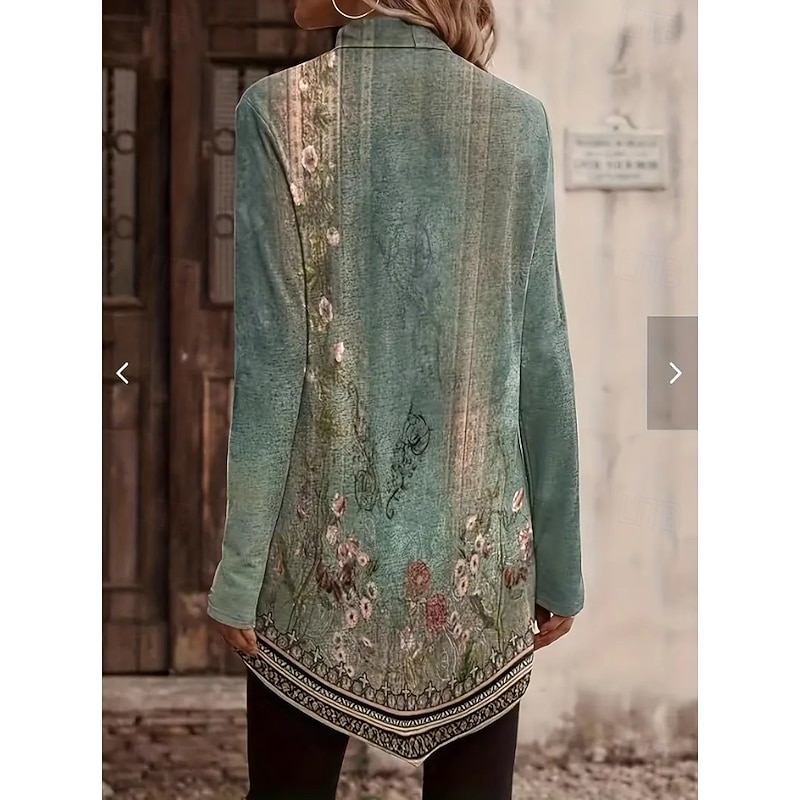 Women's T Shirt Floral Graphic Plants Casual Long Sleeve Turtleneck Long Tops Daily Print Asymmetrical Black and White Red Green Spring Fall2