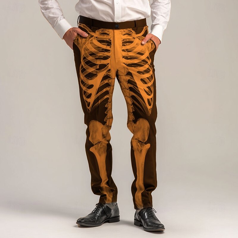 Halloween Men's Skeleton Halloween Costumes Dress Pants Trousers Suit Pants Mid Waist Casual Outdoor Holiday Slim Fit Pants with Pockets Spring Fall 3D Print White Purple Orange2