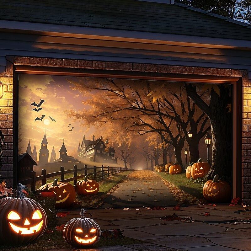 Halloween Tapestry Garage Door Cover Large Hanging Backdrop Pumpkin Forest Dark Punk Gothic Style Party Outdoor Shooting Backgrounds Front Door Home Decor4