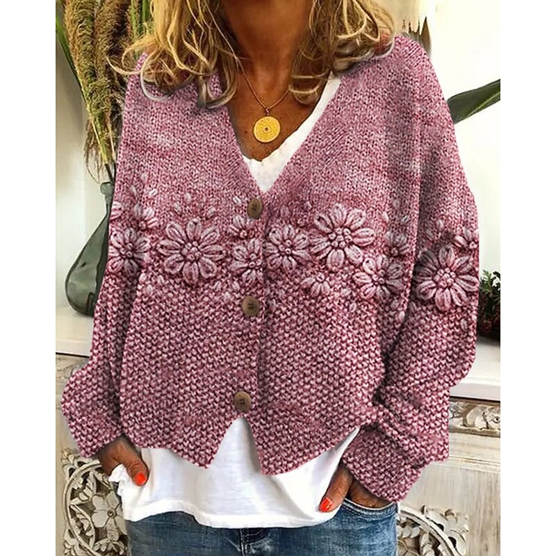 Women's Coat Casual Jacket Warm Comfortable Print Fashion Modern Casual Floral Going out Weekend Single Breasted Regular V Neck Regular Fit Long Sleeve Outerwear Yellow Pink Dark Pink Fall Winter4