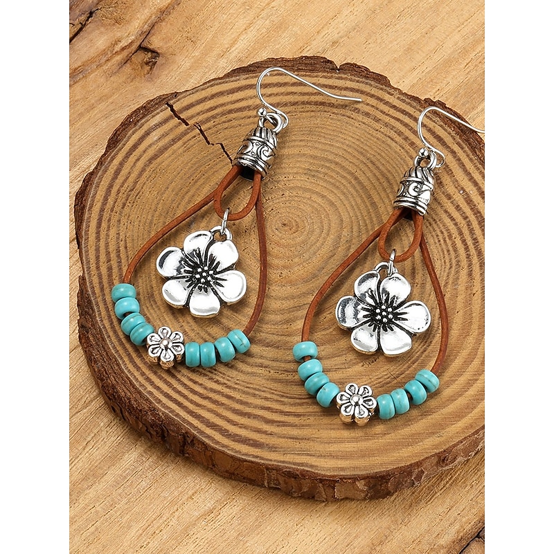Women's Boho Floral Drop Earrings – Turquoise Beaded Western Style Dangle Earrings for Summer Festivals, Parties and Everyday Outfits2