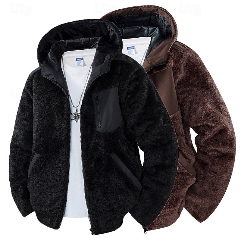 Men's Fleece Jacket Hoodied Jacket Formal Home Warm Pocket Hooded Fall Winter Solid Color Fashion Daily Shirt Collar Short Black Khaki Coffee Jacket3