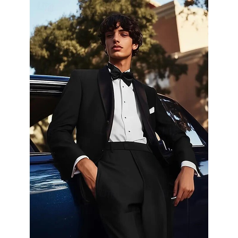 Men's Party Business Wedding Suits Shawl Lapel Black Formal Solid Colored Tailored Fit 2 Piece Single Breasted One-button3
