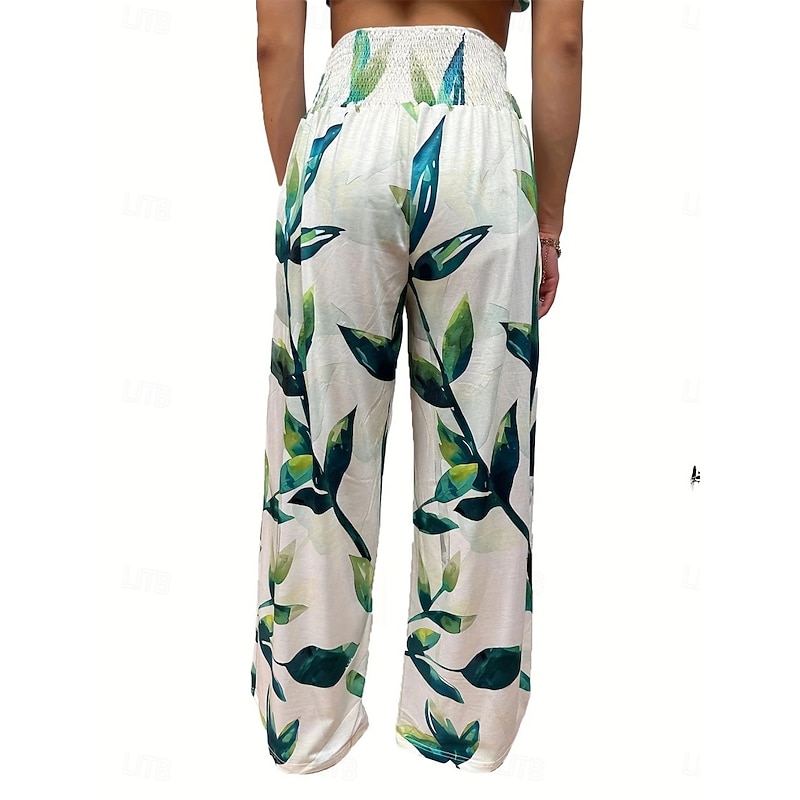 Women's Cotton Linen Pants Wide Leg Chinos Vacation Fashion Casual Full Length High Waist Floral Pocket Elastic Waistband Print Comfy Soft Comfortable Micro-elastic Outdoor Vacation Street Black Pink4