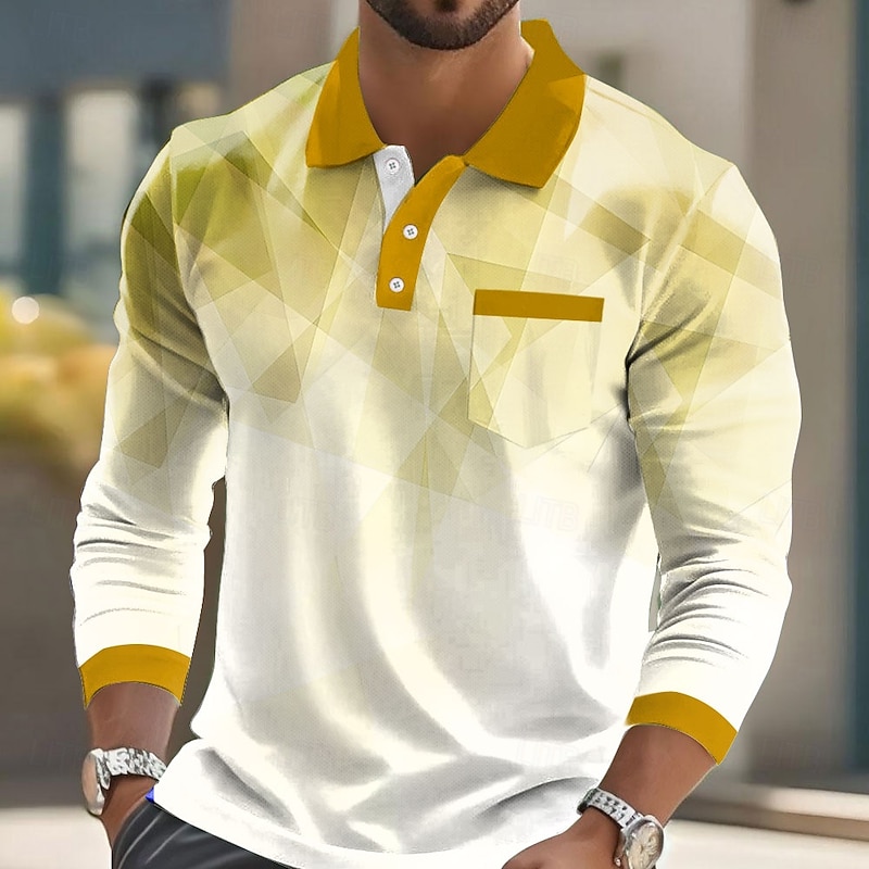 Men's Geometric Polo Long Sleeve Polo Shirts Lapel Business Casual Athleisure Daily Wear Pocket 3D Print Buttons Spring Fall Yellow Blue Purple2