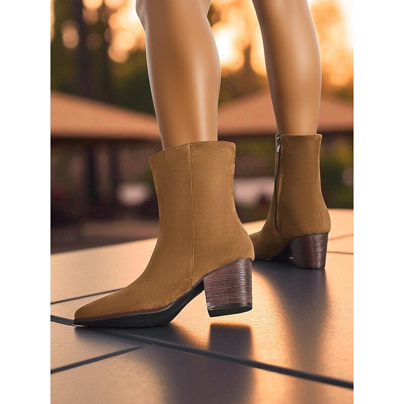 Women's Suede Block Heel Ankle Boots- Brown Urban Fashion Short Boots for Women's Casual and Streetwear Outfits4