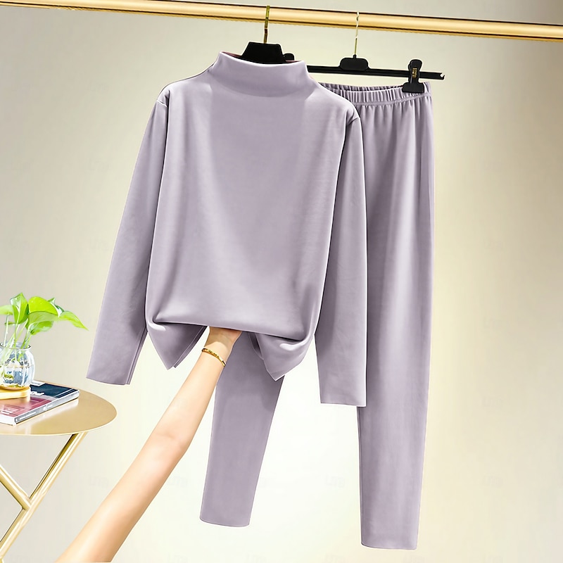 Women's T shirt Tee Undershirt Pants Sets Bottoming Shirt Casual Daily Basic Long Sleeve Crew Neck Turtleneck Black Fall & Winter Home Outfits3