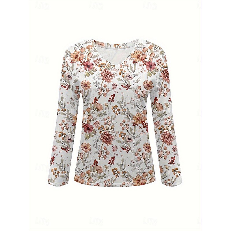 Women's T Shirt Floral Graphic Plants Vintage Stylish Classic Long Sleeve V Neck Regular Tops Daily Print Orange Spring Fall Winter4