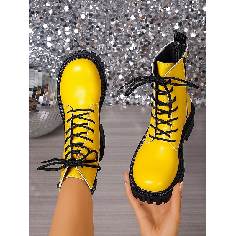 Women's Yellow Lace-Up Combat Boots – Bold Chunky Platform Ankle Boots with Side Zipper, Punk Streetwear Style for Fall Winter2