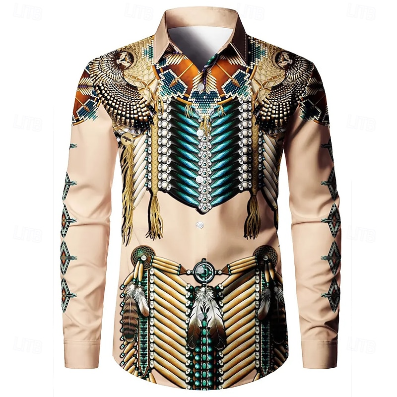 Men's Feathers Ethnic Indian Culture Shirt Button Up Shirt Casual Dress Shirt Long Sleeve Vintage Retro Vacation Daily Streetwear Summer Spring Turndown 3D Print Collared Shirts Khaki