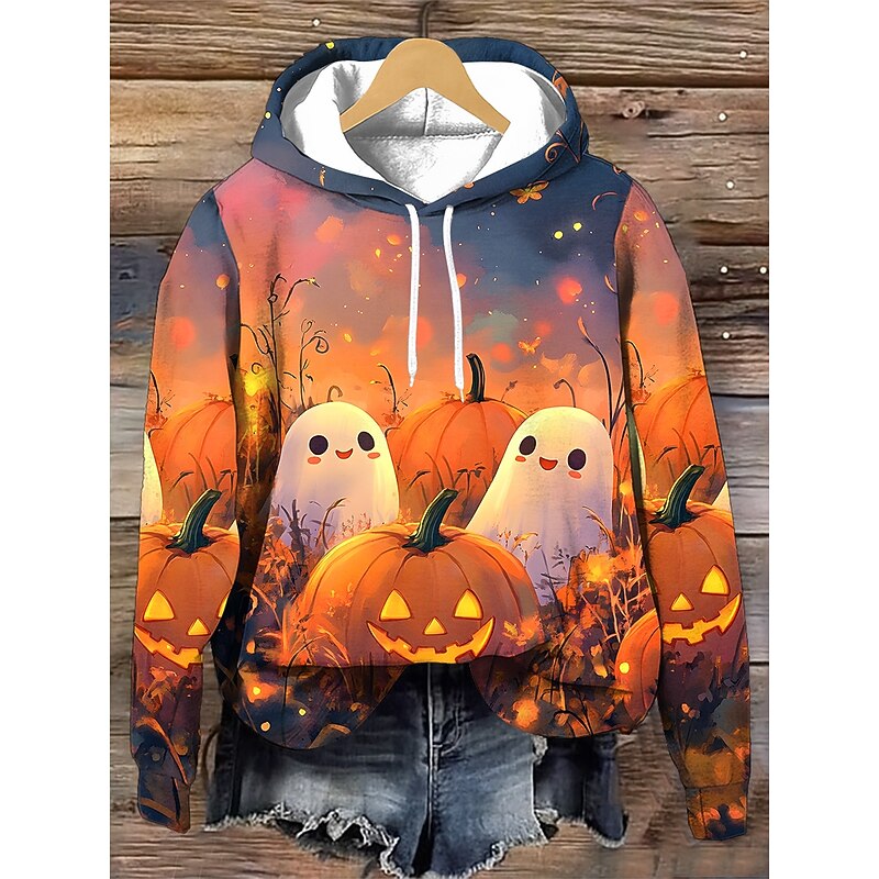 Halloween Women's Hoodie Pullover Sweatshirt Oversized Long Sleeve Casual Pumpkin Graphic Fashion Print Hooded Regular Tops Street Dailywear Drawstring Print Black Yellow Red Orange Khaki Fall Winter2