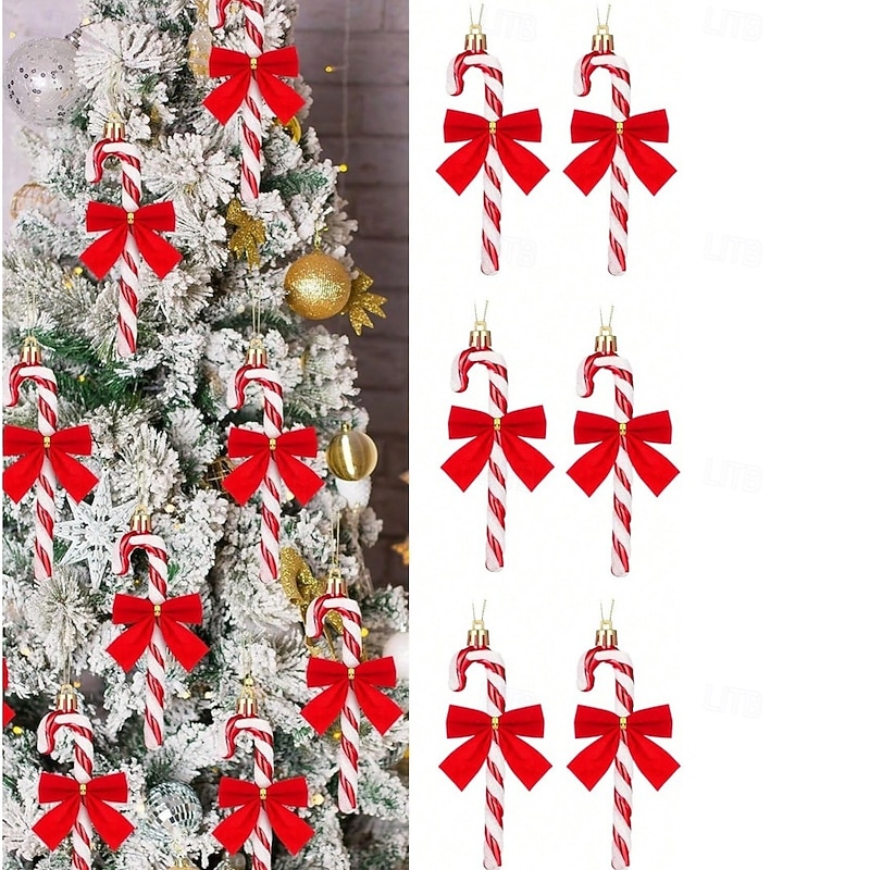 6pcs Christmas Candy Cane Hanging Ornaments with 12 Red Bows, Christmas Door Decorations, Tree Ornaments, Bells, Holiday Decor