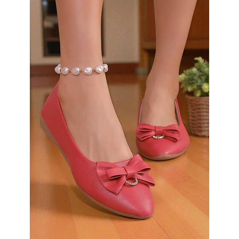 Women's Red Faux Leather Flats with Bow and Rhinestone Detail – Cute Round Toe Slip-On Ballet Shoes with Pearl Ankle Strap for Casual Wear, Daily and Office