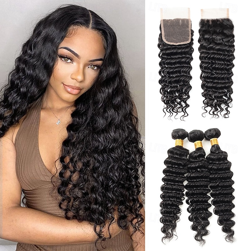 Brazilian Human Hair  Deep Wave Human Hair Weave Extension 3 Bundles With Closure 4x4 Lace Closure hair 10-28 inch Black Women