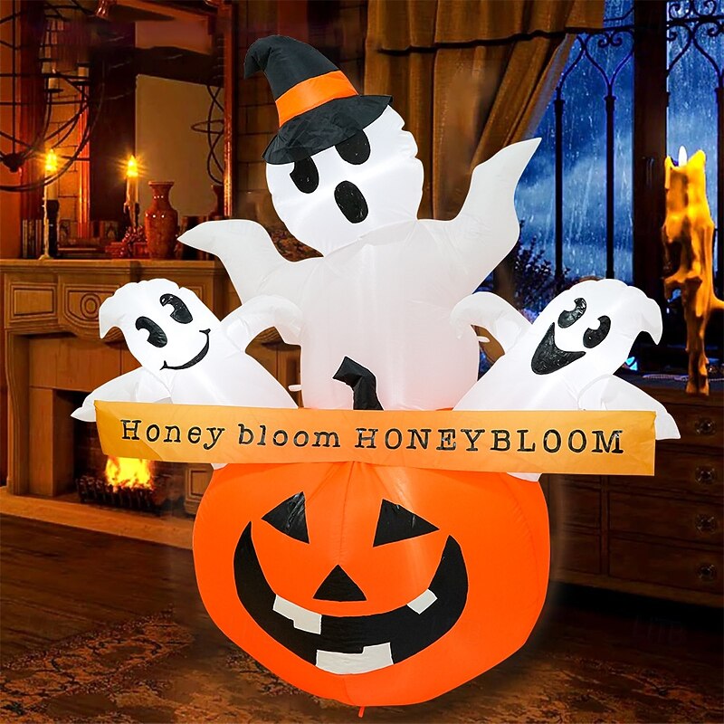 1 Pc1.5M * 1.3M Halloween 3 Head Ghost Pumpkin LED Inflatable Air Model Indoor/Outdoor Courtyard Garden Lawn Party Halloween Festival Atmosphere Light EU/US/AU/UK Plug3