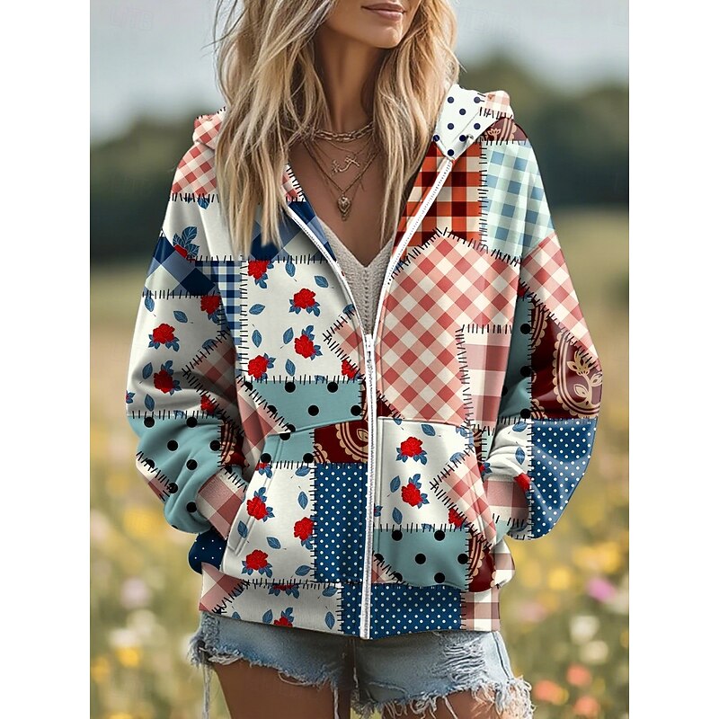 Women's 3D Print Vintage Boho Hoodie Patchwork Hoodie Sweatshirt Floral Zip Up Casual Long Sleeve Hooded Street Dailywear Patchwork Zipper Pocket Yellow Pink Purple Dark Blue Light Blue Spring Fall