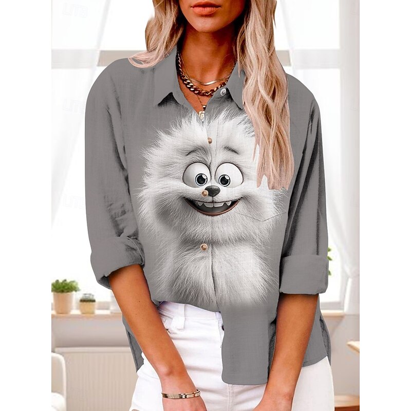 Women's Shirt 3D Active Daily Stylish Long Sleeve Shirt Collar Regular Tops Daily Holiday Buttons Print Dark Gray Gray Summer Spring Fall