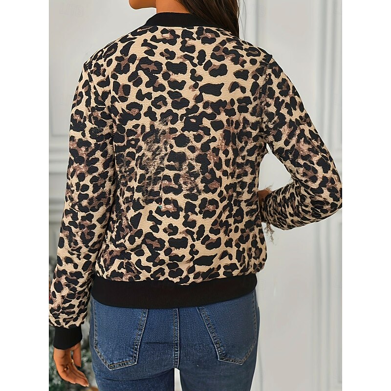Women's Casual Jacket Warm Comfortable Zipper Pocket Elegant Fashion Daily Simple Leopard Vacation Casual Daily Holiday Regular Baseball Collar Regular Fit Long Sleeve Outerwear White Khaki Spring2