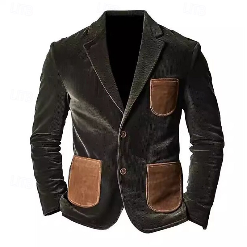 Men's Corduroy Blazer Blazer Business Cocktail Party Wedding Party Fashion Casual Spring Fall Polyester Color Block Pocket Buttons Comfortable Single Breasted Blazer Army Green