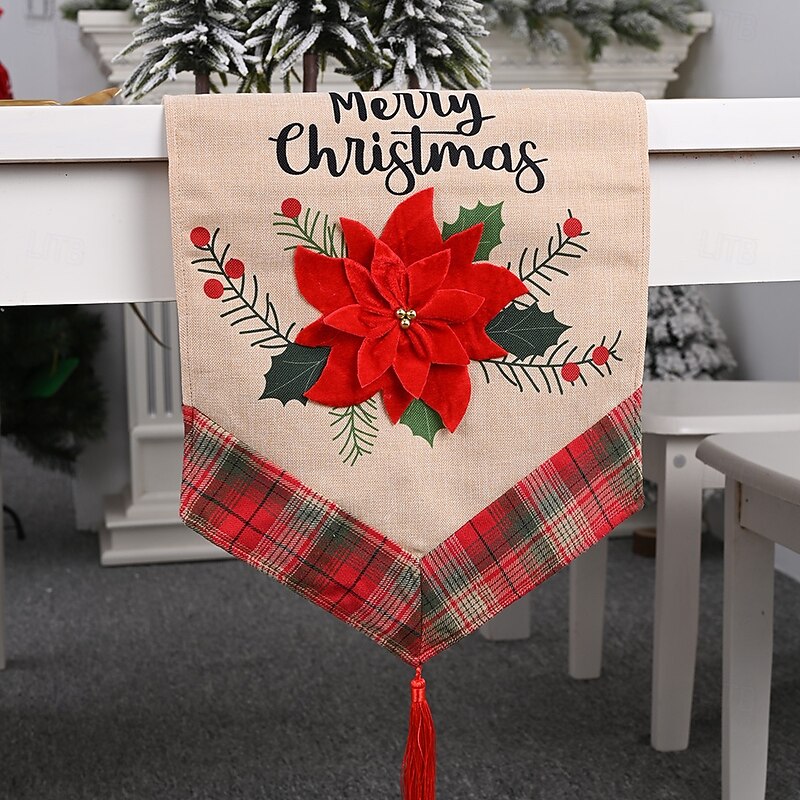 Christmas Table Runner Large Red Flower Burlap Design Natural Linen Tablecloth Festive Holiday Dining Table Decoration with Tassels Perfect Seasonal Home Accent