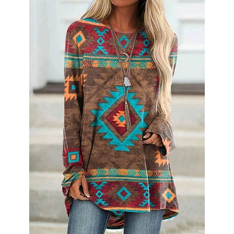 Women's T shirt Long Sleeve Graphic Tribal Vintage Stylish Classic Long Sleeve Crew Neck Round Neck Long Tops Daily Print Red Blue Spring Fall Prefall4
