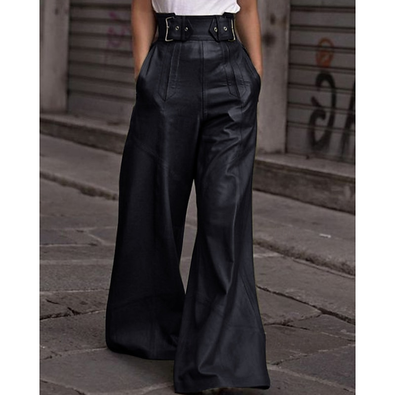 Women's Wide Leg Leather Pants Streetwear Casual Full Length Natural Plain Pocket Elastic Waist Comfortable Outdoor Vacation Holiday Black Army Green Fall Regular Fit3