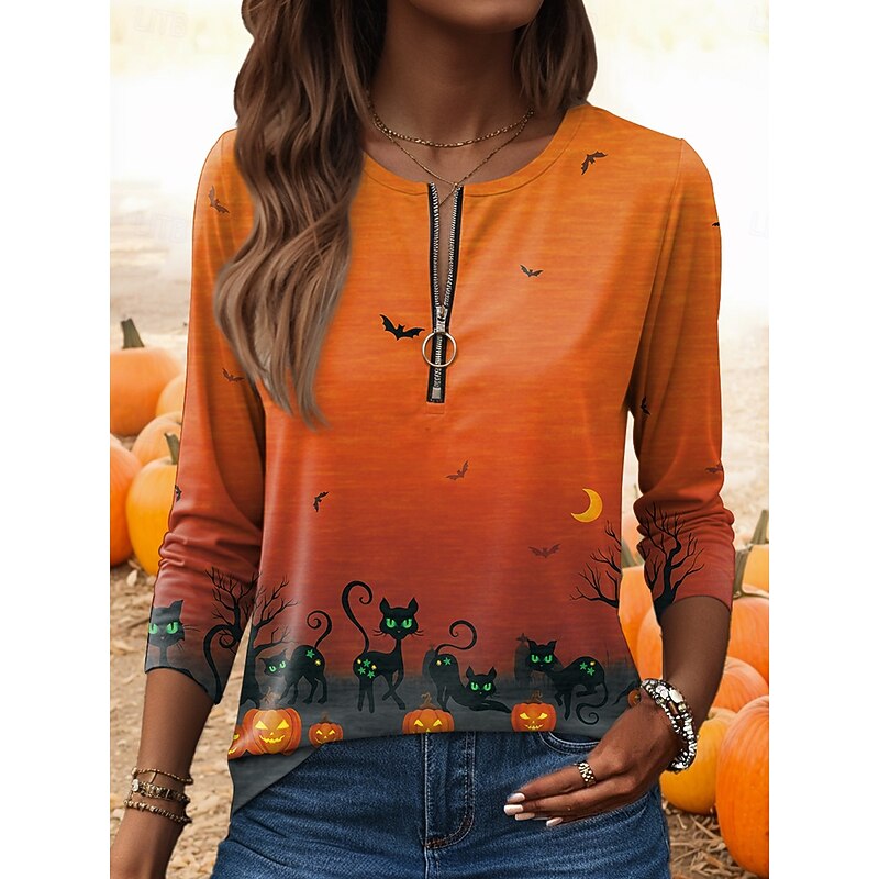 Halloween Women's T shirt Pumpkin Graphic Vintage Casual Long Sleeve Round Neck Regular Tops Daily Weekend Zipper Print Blue Purple Orange Green Fall Winter - Main Image