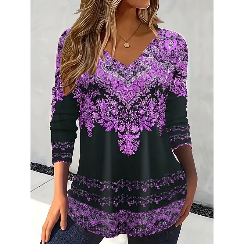 Women's T Shirt Floral Graphic Paisley Vintage Stylish Classic Long Sleeve V Neck Regular Tops Daily Print Pink Blue Purple Orange Spring Fall Winter3