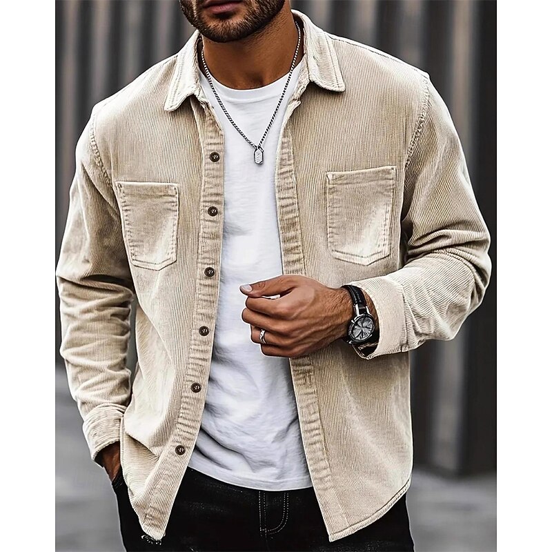 Men's Corduroy Shirt Shirt Jacket Winter Jacket Plain Vacation Daily Wear Army Green Beige Long Sleeve Lapel Spring Fall Clothing Apparel Pocket4