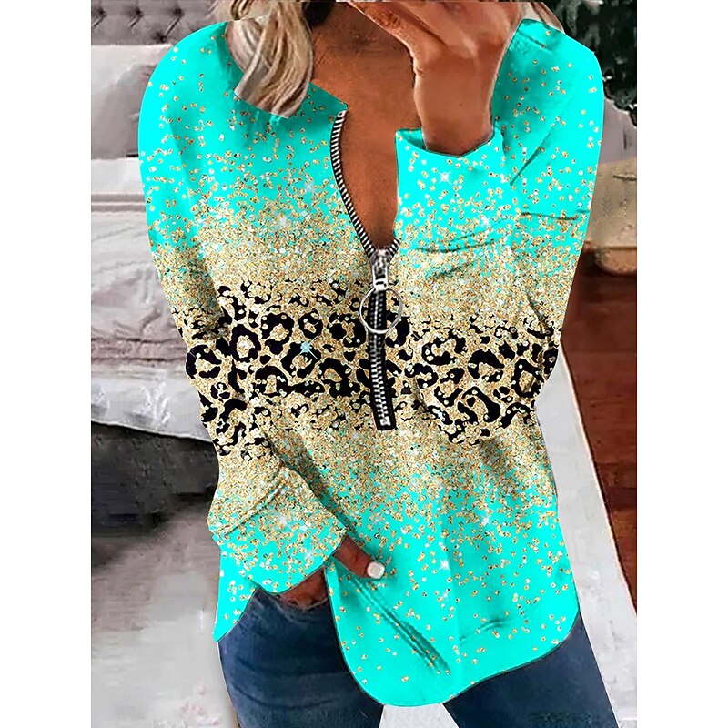 Women's Pullover Sweatshirt Zip Up Sweatshirts Graphic Animal Leopard Fashion Casual Long Sleeve Crew Neck Regular Tops Street Dailywear Zipper Print Light Pink Light Green Blue Purple Spring Fall