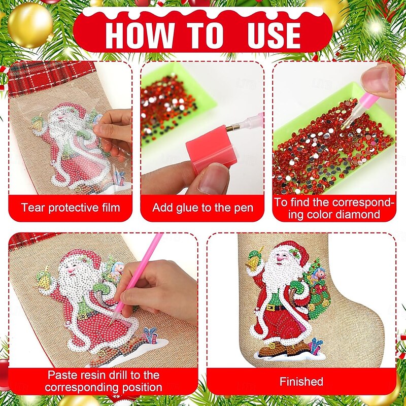 Christmas Diamond Art Stocking 5D Diamond Painting Xmas Rhinestone Sock Embroidery Mosaic Hanging Gift Bag Snowman Santa Xmas Tree Diamond Art Kits Fireplace Hanging Stocking Candy Bag Gift for Adult2
