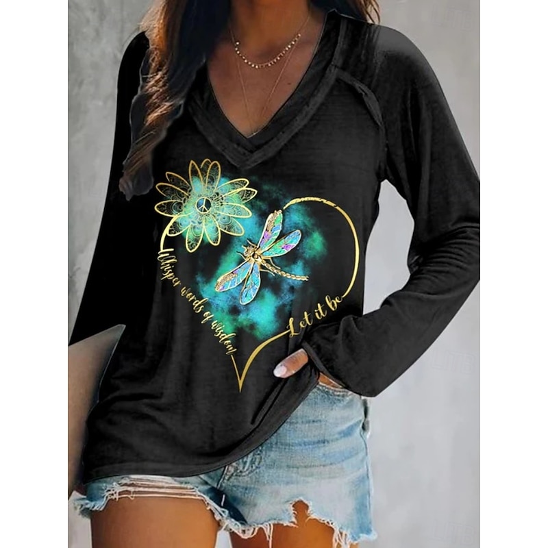 Women's T Shirt Graphic Cat Dragonfly Elegant Bohemia Vintage Long Sleeve V Neck Regular Tops Daily Going out Weekend Print Black and White Black Yellow Blue Dark Green Spring Fall4