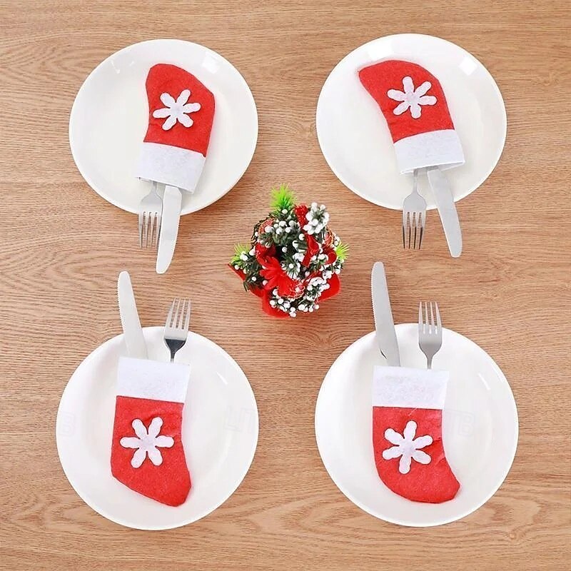 12/24pcs Mini Christmas Stockings Knife Spoon Fork Bag Christmas Decoration Snowflake Socks Ornaments Mini Cutlery Holders Small Hanging Stockings2