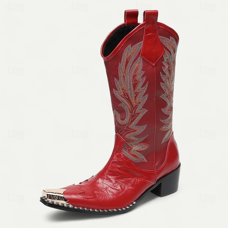 Men's Red Leather Cowboy Boots – Western Style Embroidered Tall Boots for Rodeo, Horse Riding and Country Festivals3