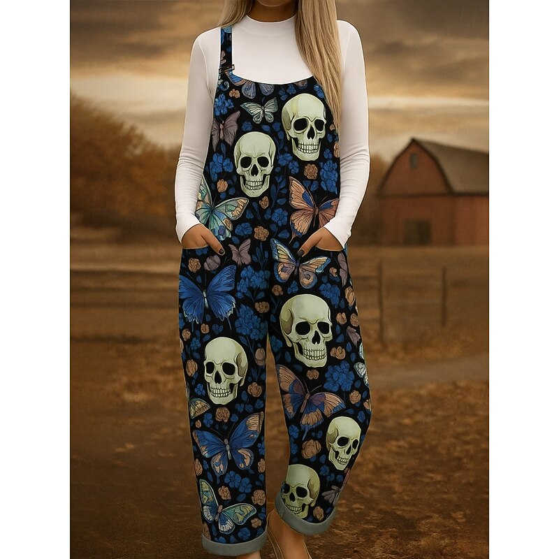 Halloween 100% Cotton Women's Overall Lightweight Graphic Sleeveless Sleeveless Wide Leg Round Neck with Pocket Vacation Daily Loose Fit Red Blue Purple Summer3