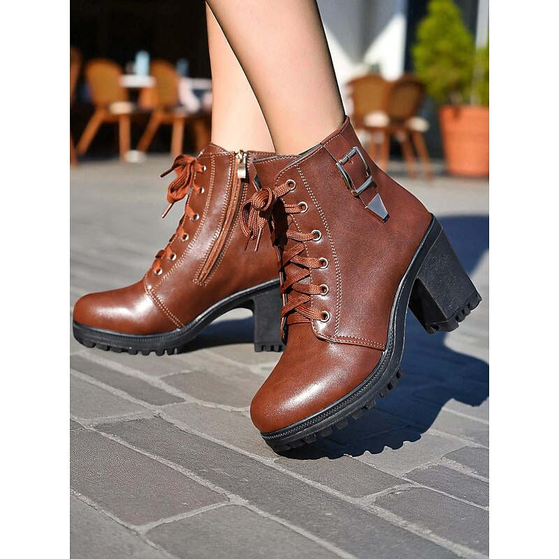 Women's Black Lace-Up Chunky Heel Ankle Boots – Faux Leather Combat Style with Side Zipper and Buckle Detail, Ideal for Autumn Outfits, Outdoor Activities, and Casual Streetwear2