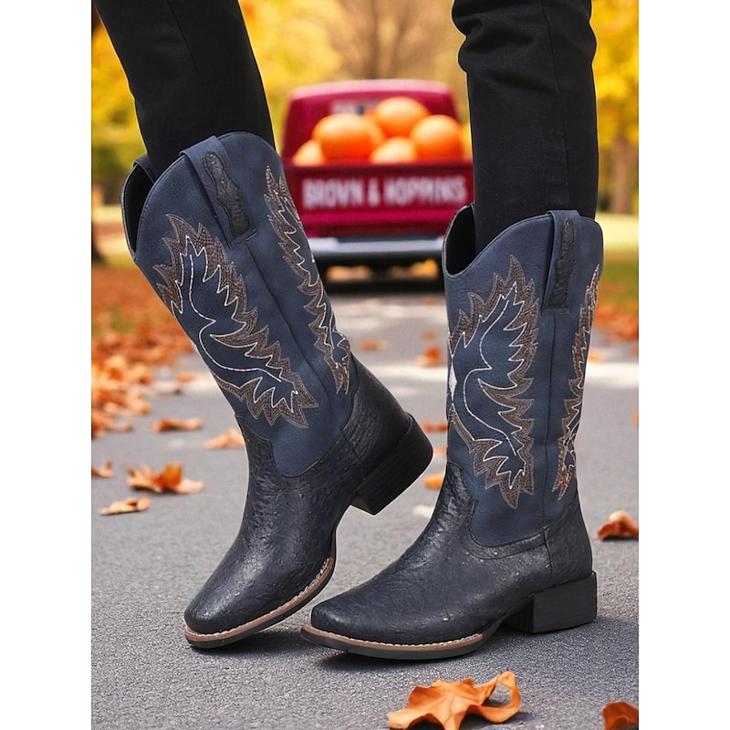 Women's Brown Embroidered Cowboy Boots – Classic Western Style Mid-Calf Boots for Fall Festivals, Farm Work and Country Concerts