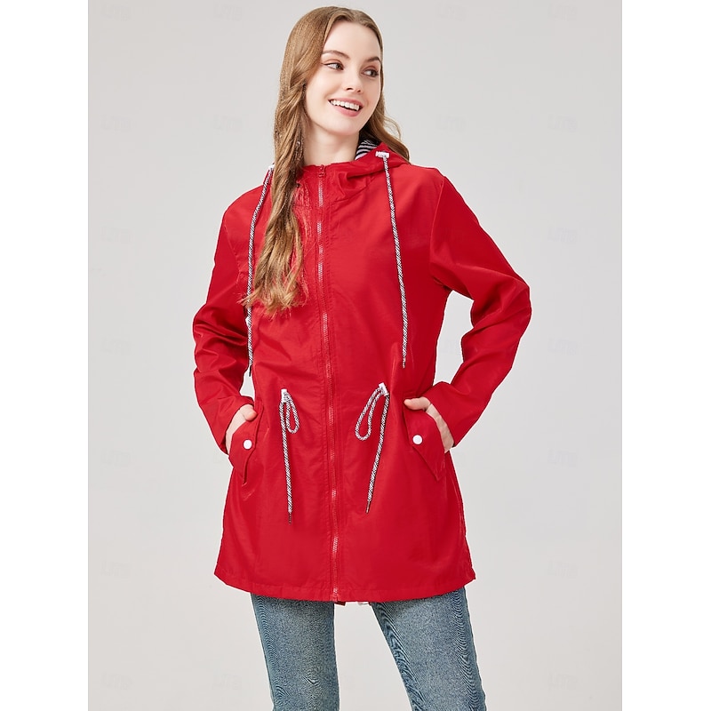 Women's Outdoor Waterproof Jacket Windbreaker Coat with Hood 2 Pockets Zipper Lined Adjustable Waist Strap Waterproof Camping Casual Jacket3