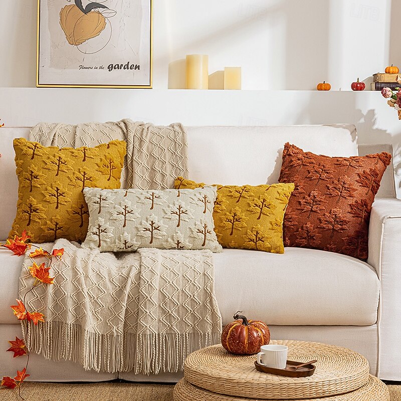 Halloween Autumn Maple Leaf Plush Pillow Cover 3D Embroidered Fall Leaf Decorative Throw Pillowcase for Sofa, Couch, Living Room, Seasonal Home Decor2