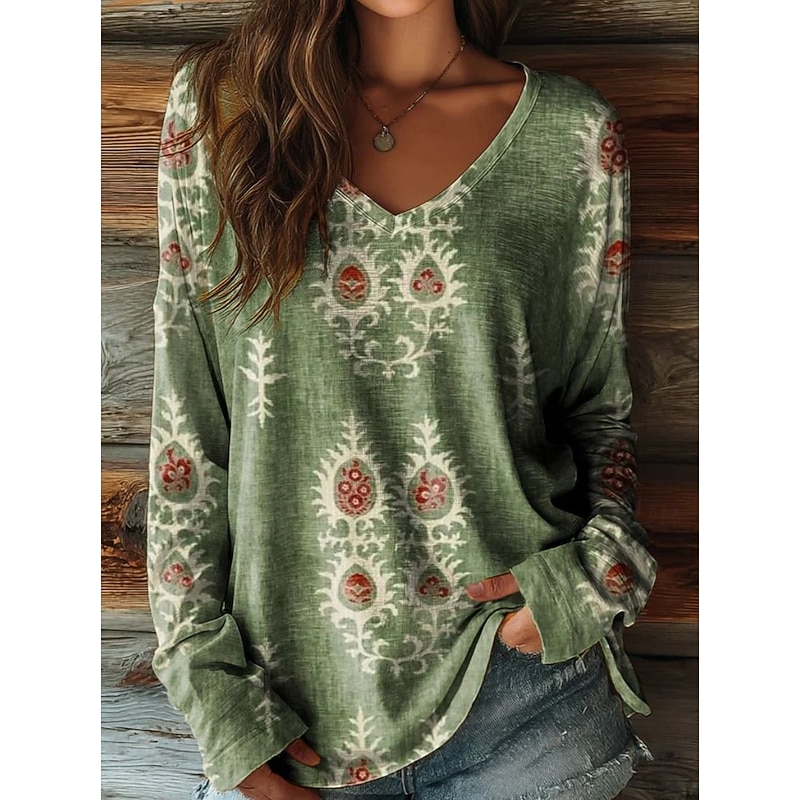 Women's T shirt Long Sleeve Floral Graphic Plants Vintage Stylish Casual Long Sleeve V Neck Regular Tops Daily Weekend Print Sage Green Pink Red Purple Green Spring Fall Prefall2