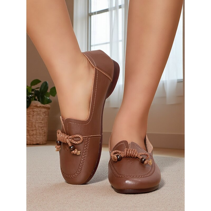 Women's Brown Loafers with Rope Knot Detail – Soft Faux Leather Moccasins for Driving, Casual Workdays and Weekend Comfort4