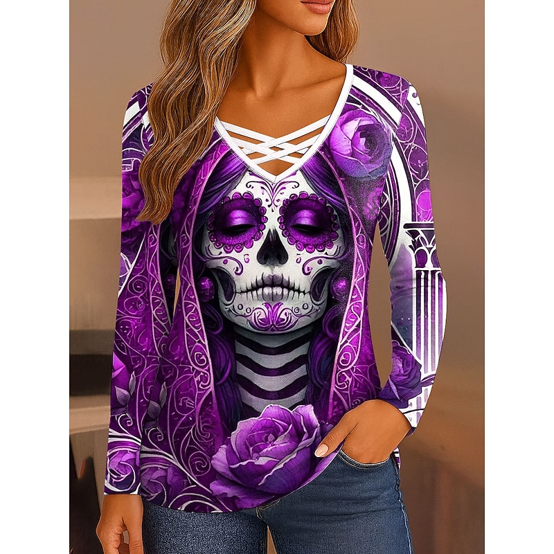 Halloween Women's T Shirt Skulls Graphic Vintage Stylish Classic Long Sleeve V Neck Regular Tops Daily Cut Out Print Red Blue Purple Green Gray Spring Fall3