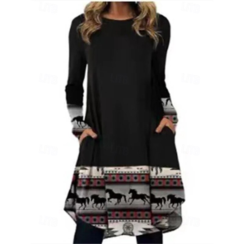 Women's Midi Dress Sheath Dress T Shirt Dress Tee Dress A Line Dress Athletic Dress Casual Boho Daily Loose Fit Graphic Geometric Houndstooth Long Sleeve Crew Neck Black Pink Blue Dark Grey3