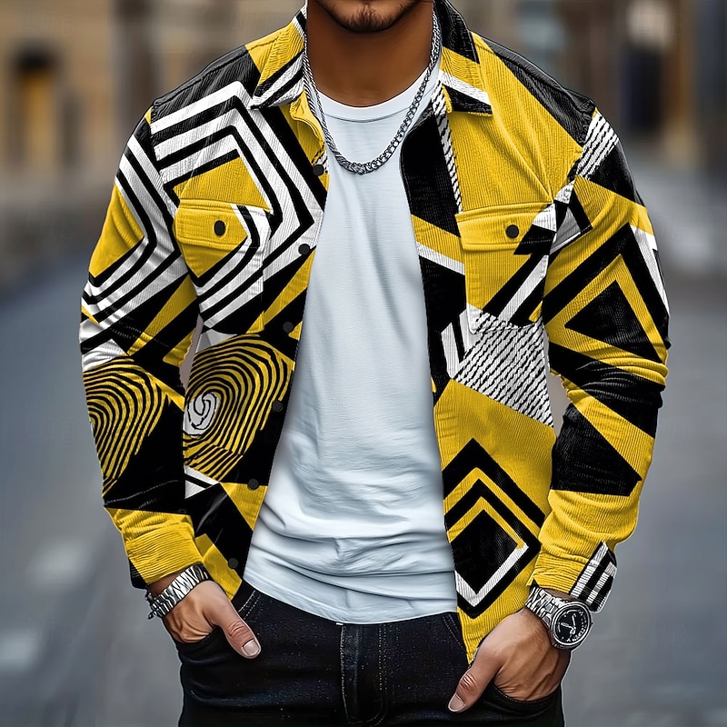 Men's Geometric Color Block Corduroy Shirt Shirt Jacket Overshirt Long Sleeve Casual Outdoor Dailywear Fall Winter Turndown Button-Down Warm Jacket with Flap Pockets Yellow Red Green Dark Blue4