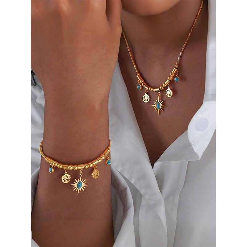 Women's Gold Alloy Necklace and Bracelet Set with Turquoise Sun and Tree Charms – Boho Chic Jewelry for Parties, Holidays and Casual Wear2