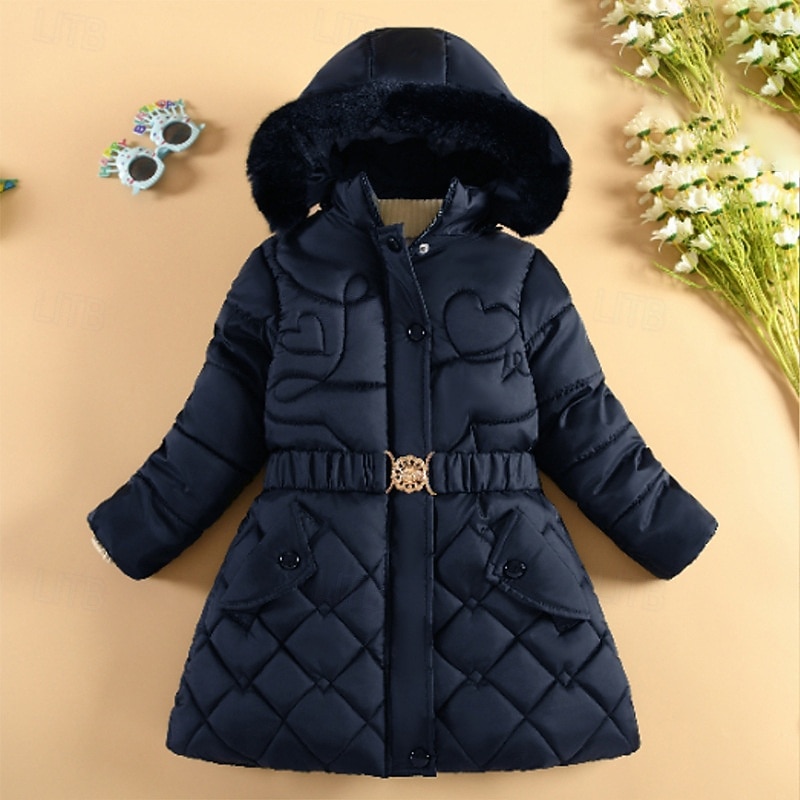 Kids Girls' Down Coat Solid Color Fashion Zipper Pocket School Coat Outerwear 4-12 Years Winter Black Wine Navy Blue3