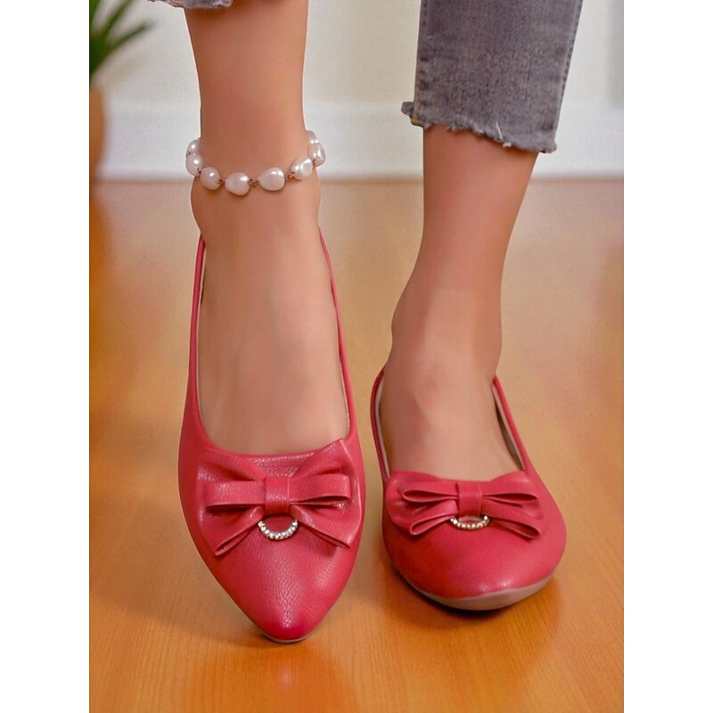 Women's Red Faux Leather Flats with Bow and Rhinestone Detail – Cute Round Toe Slip-On Ballet Shoes with Pearl Ankle Strap for Casual Wear, Daily and Office2