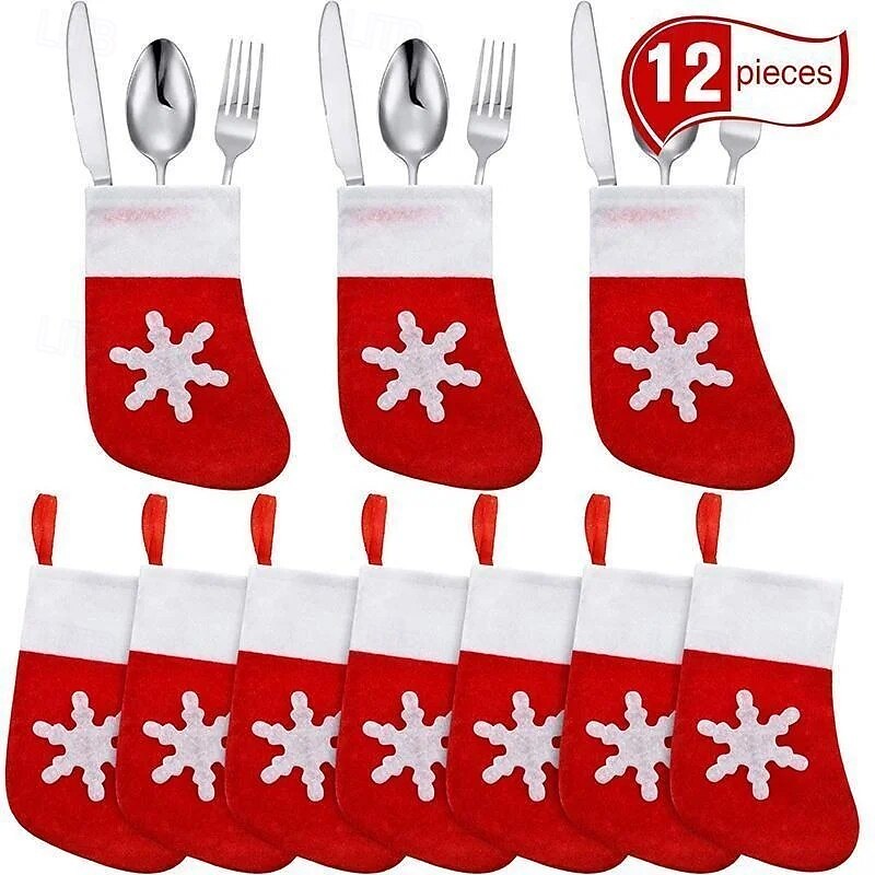 12/24pcs Mini Christmas Stockings Knife Spoon Fork Bag Christmas Decoration Snowflake Socks Ornaments Mini Cutlery Holders Small Hanging Stockings
