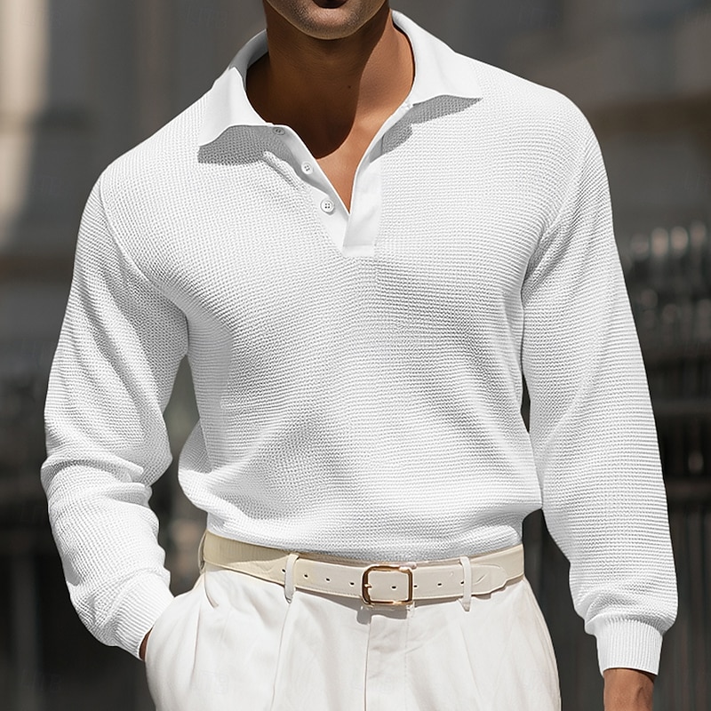 Men's Waffle Polo Shirts Golf Shirt Street Casual Lapel Long Sleeve Basic Modern Plain Textured Buttons Summer Spring Fall Regular Fit Black White Yellow Red Blue Gray Waffle Polo Shirts2
